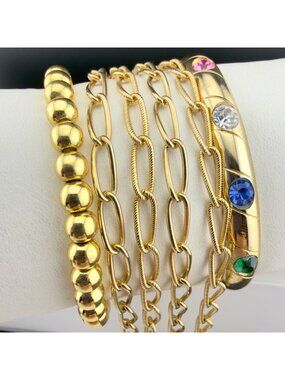 Gold Tone Bracelet Set Stackable Rhinestones Beads Chain Fashion